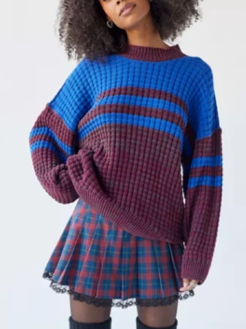 BDG Urban Outfitters Max Waffle Knit Sweater Recycled Blue Maroon Oversized S